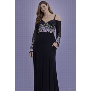 Rachel Allan 2 Piece Black Formal Gown Floral Embroidered Top Prom Pageant